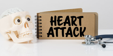 On the table lies a skull, a stethoscope and a notebook with the inscription - HEART ATTACK