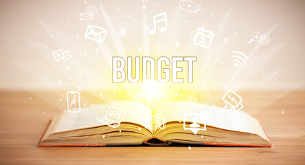 Opeen book with BUDGET inscription, business concept