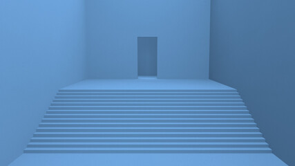 Cyan and blue empty room with a staircase and a doorway. Three walls. 3d render. Perspective view of the interior.