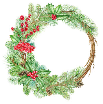 Watercolor christmas wreath with spruce branches, rowan and holly berries, hand drawn illustration isolated on white background, perfect for invitation cards, any print design