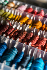 Closeup of embroidery floss organized