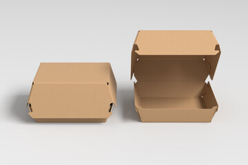 Closed and opened cardboard food box mock up. Packaging for hamburger, lunch, fast food, burger and...