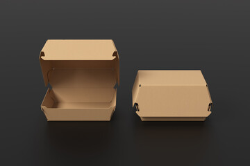 Closed and opened cardboard food box mock up. Packaging for hamburger, lunch, fast food, burger and sandwich