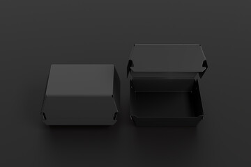 Closed and opened black food box mock up. Packaging for hamburger, lunch, fast food, burger and sandwich on white background