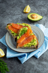 Toasts with avocado and smoked salmon on gray background, copy space. Healthy food.