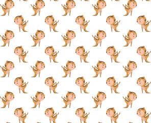 Seamless pattern with tiger cubs yogis in Vyaghrasana asanas on a white background. Printable baby endless texture. Vector.