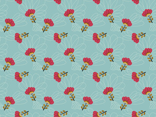 Seamless pattern of cute ornamental abstract peony or rose flowers, white hatching in fuchsia, and yellow colors on gray background. Floral texture in Scandinavian style. Vector.