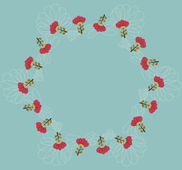 Round frame of cute ornamental abstract peony or rose flowers, white hatching in fuchsia, and yellow colors on gray background. The floral backdrop for text in Scandinavian style. Vector.