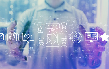 Social media theme with young man holding his hands