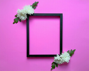 Floral composition on pink background. Frame of flowers. Minimalism, top view, flatlay. Birthday, Mother's day, Women's day, March 8, celebration.