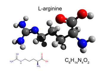 Chemical formula, structural formula and 3D ball-and-stick model of L-arginine, an essential amino acid, white background