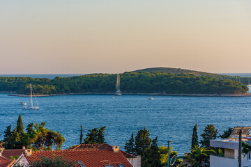 View of the Pakleni Islands from Hvar at sunset, Croatia