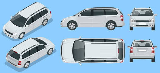 Minivan Car vector template on background. Compact crossover, SUV, 5-door minivan car. View isometric, front, rear, side, top.