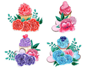Watercolor floral cupcake compositions set. Birthday, wedding, mothers day cupcakes.
