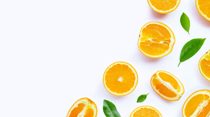 Oranges with leaves on white background.