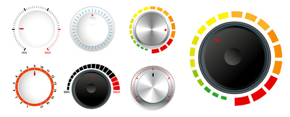 set of plastic volume knob or realistic metallic control knob or round dial regulator knob concept. eps 10 vector, easy to modify