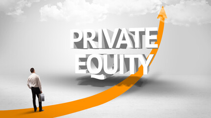 Fototapeta premium Rear view of a businessman standing in front of PRIVATE EQUITY inscription, successful business concept