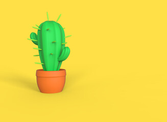 Stylized cartoon cactus isolated on  yellow background. 3D illustration.
