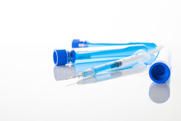 Syringe injection. Medical syringe with needle for protection flu virus and coronavirus. Covid vaccine isolated on white. Nurse or doctor. Liquid drug or narcotic.