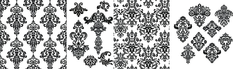 Set Vintage baroque frame scroll ornament engraving border floral retro pattern antique style acanthus foliage swirl decorative design element filigree calligraphy.