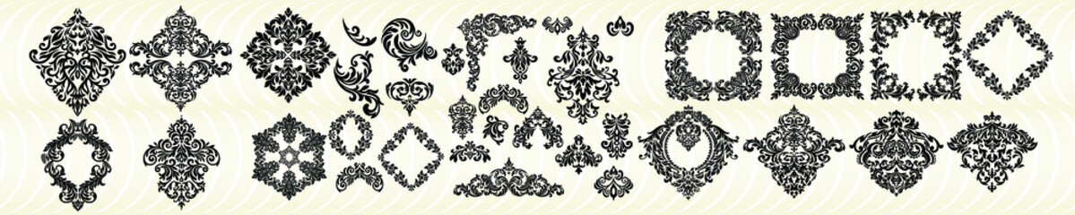 Set Vintage baroque frame scroll ornament engraving border floral retro pattern antique style acanthus foliage swirl decorative design element filigree calligraphy.