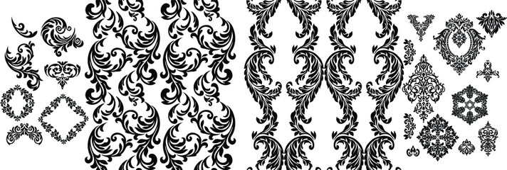 Set Vintage baroque frame scroll ornament engraving border floral retro pattern antique style acanthus foliage swirl decorative design element filigree calligraphy.