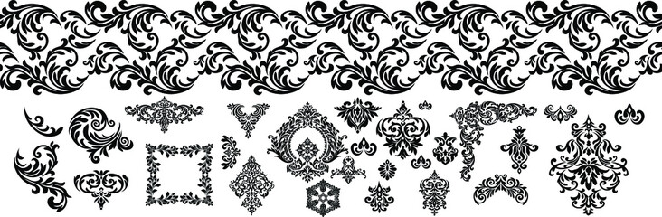 Set Vintage baroque frame scroll ornament engraving border floral retro pattern antique style acanthus foliage swirl decorative design element filigree calligraphy. - obrazy, fototapety, plakaty
