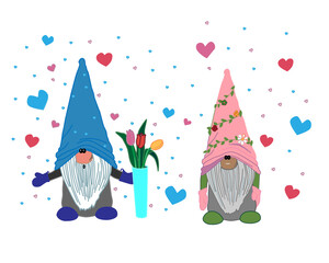Set of two cute cartoon gnomes isolated on a white background. Illustration of lovers for Valentine's Day.