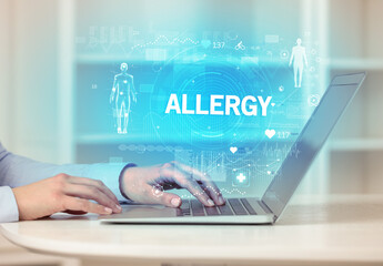 Doctor working a health check with ALLERGY inscription, recording medical test results