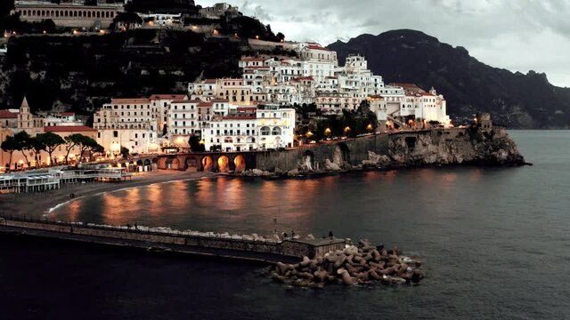 Aerial view on Amalfi coast in Italy at evening.
