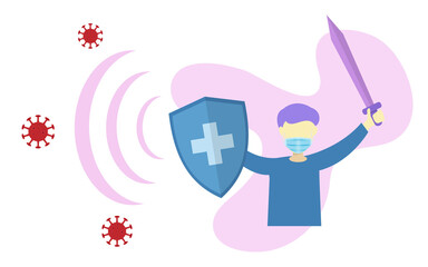 Immune system concept sign symbol illustration, immune shield attack by corona virusses. Man hold sword and shield illustration concept for immunity body system againts virus.  