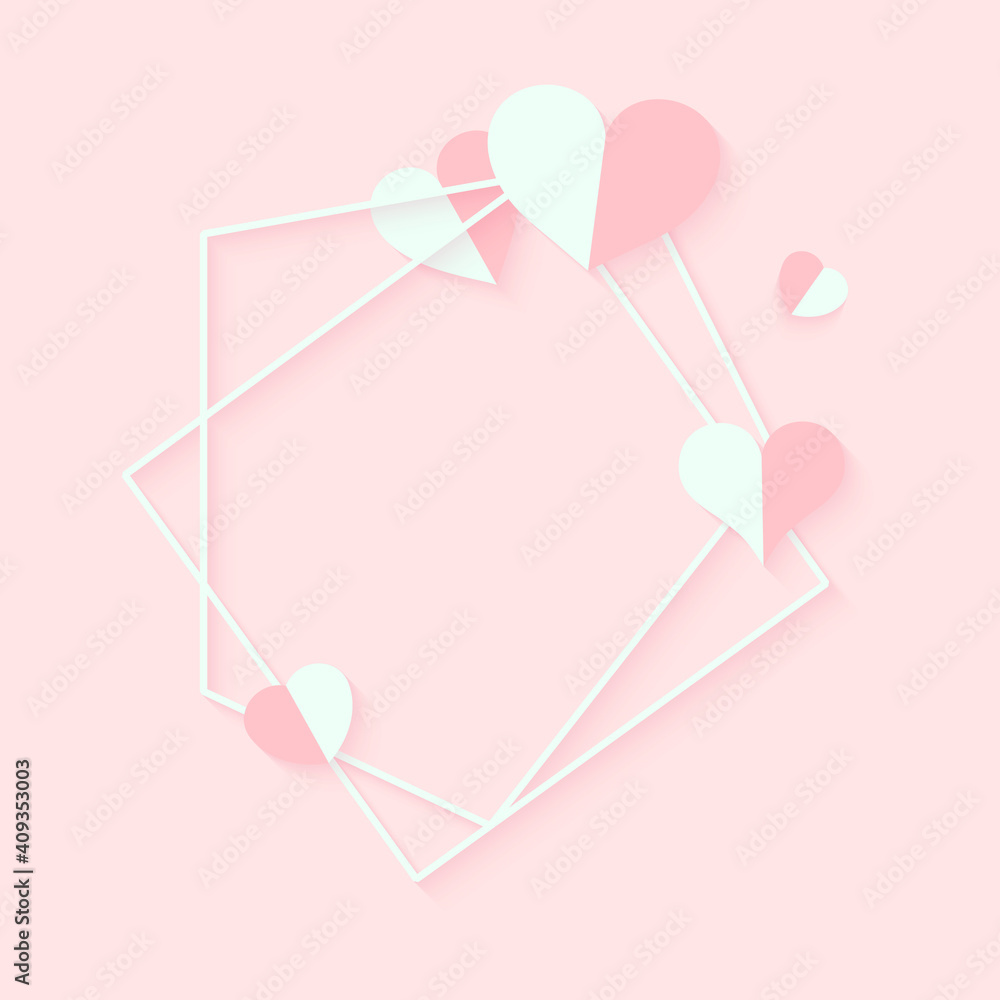 Poster abstract polygonal geometric white frame with pink hearts. template empty text banner for valentines