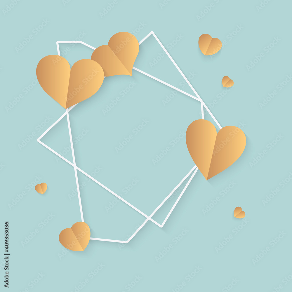 Aufkleber closeup of abstract polygonal geometric white frame with gold hearts. template empty text banner for