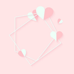 Abstract polygonal geometric white frame with pink hearts. Template empty text banner for Valentines day. Design element polyhedron frame for wedding invitation card. Closeup Vector illustration