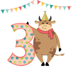 Greeting Happy Birthday card, bull with number three. Hand drawn ox cartoon character in hat, present. Congratulate child 3th birthday. Funny flat Animal Isolated vector illustration