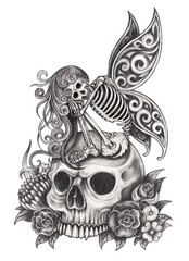 Fantasy fairy skull. Hand drawing on paper.
