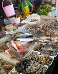 Fresh fish market showing crabs shellfish seafood. Thailand