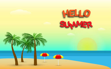 Fototapeta na wymiar Summer time or Hello Summer illustration with sea view, beach ball, surfer board in paper cut out style, vector illustration. 