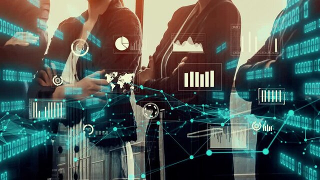Imaginative visual of business people and financial firms staff . Concept of human resources , enterprise resource planning ERP and digital technology .