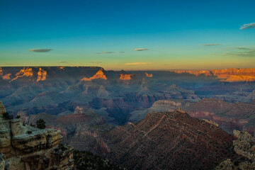Sunset at the Grand Canyon in Arizona bathed in evening light