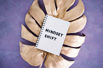 Mindset Shift notepad on top of golden leaf on pink background, psychology and attitude