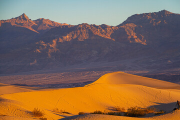 Sand dunes in Death Valley near stovepipe wells during sunrise in Death Valley National Park.