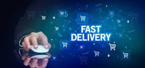 hand holding wireless peripheral with FAST DELIVERY inscription, online shopping concept