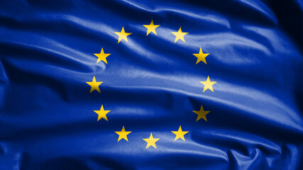 European Union flag waving in the wind. Close up of Europe banner silk blowing