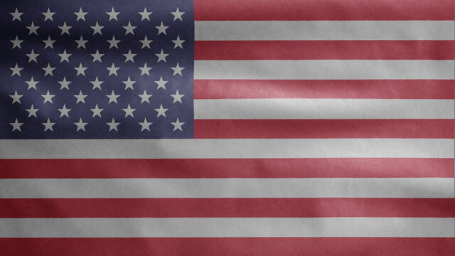 American flag waving in the wind. Close up of USA banner blowing, soft silk.