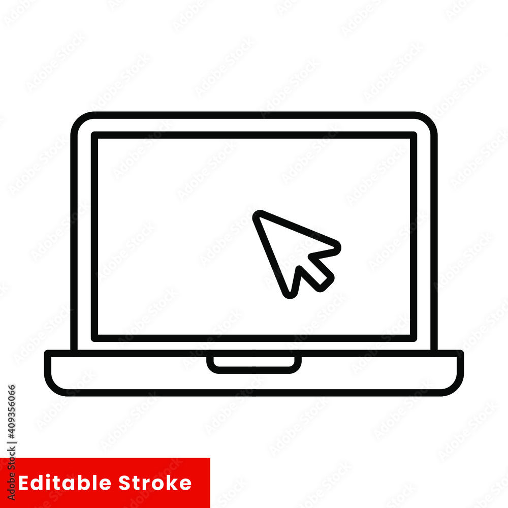 Aufkleber laptop with pointer or cursor icon. simple line style for web template and app. online, pc, registra