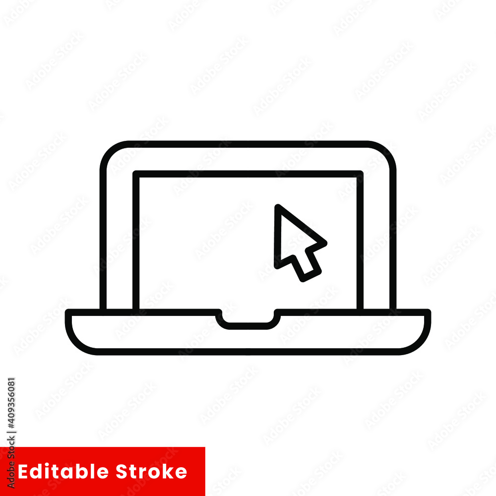 Aufkleber laptop with pointer or cursor icon. simple line style for web template and app. online, pc, registra