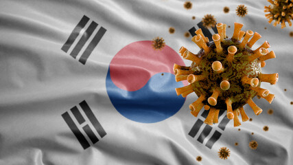 Korean flag waving with the Coronavirus outbreak. Covid 19 South Korea pandemic