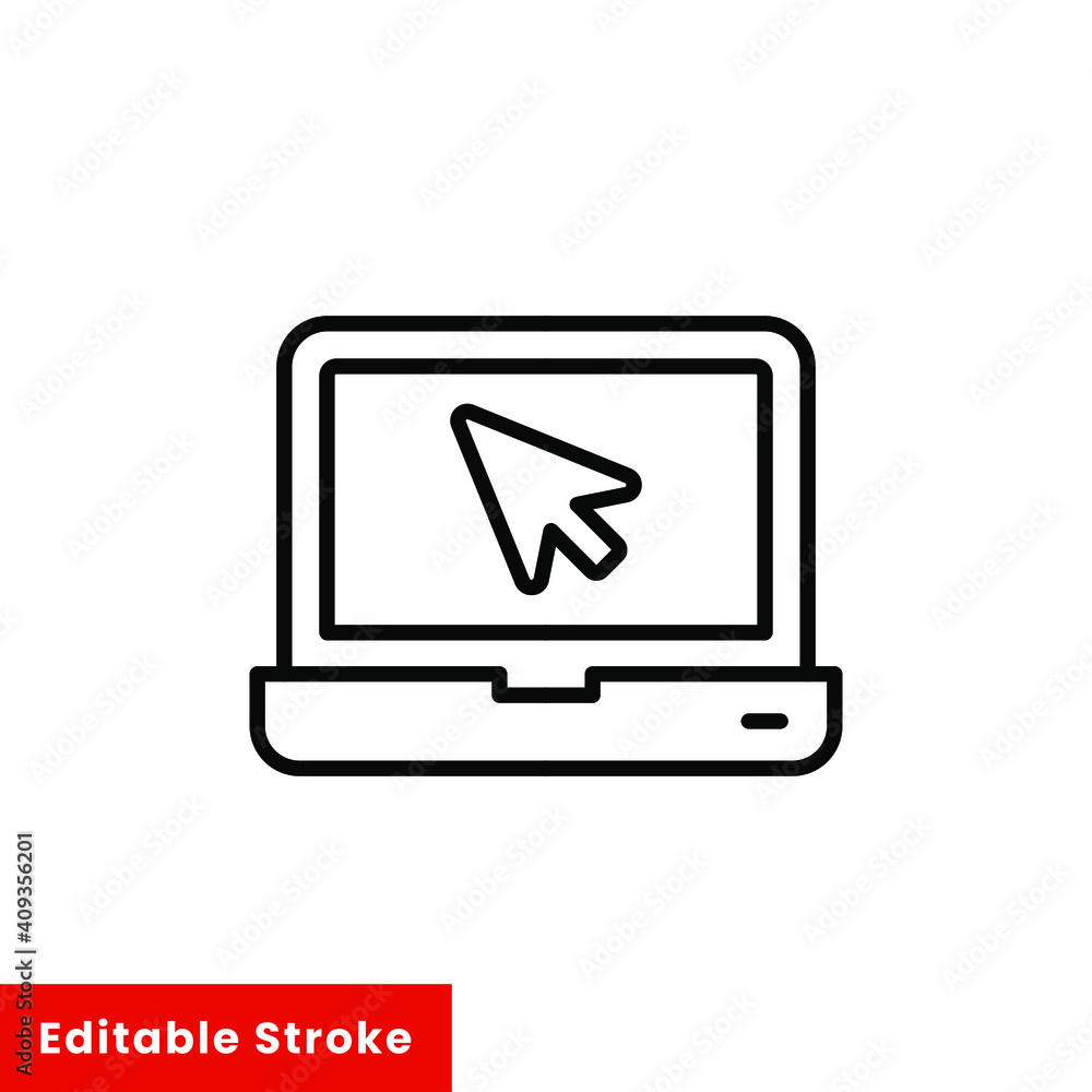 Poster laptop with pointer or cursor icon. simple line style for web template and app. online, pc, registra