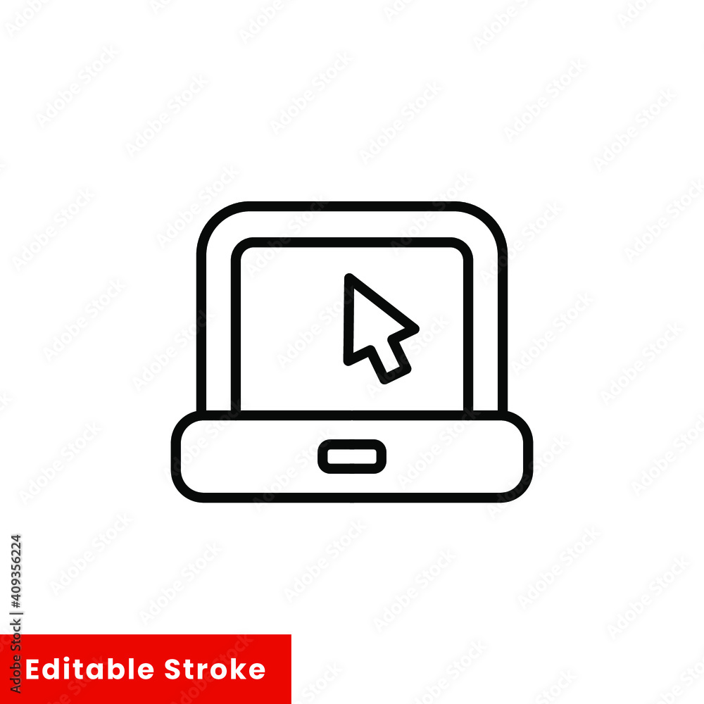 Poster laptop with pointer or cursor icon. simple line style for web template and app. online, pc, registra